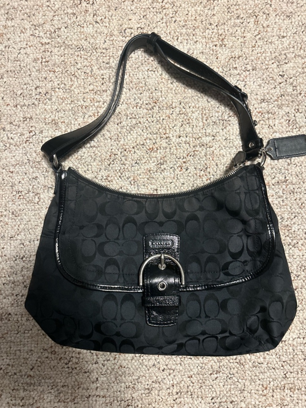 Coach Black Signature Jacquard Hobo Shoulder Bag with Buckle